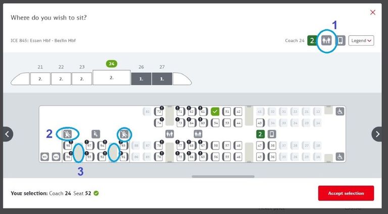 A seating plan for an ICE train; 1 = the symbol which shows the Family Compartment is in this coach; 2 = location of the Family Compartments; 3 = Choose seats around these tables.